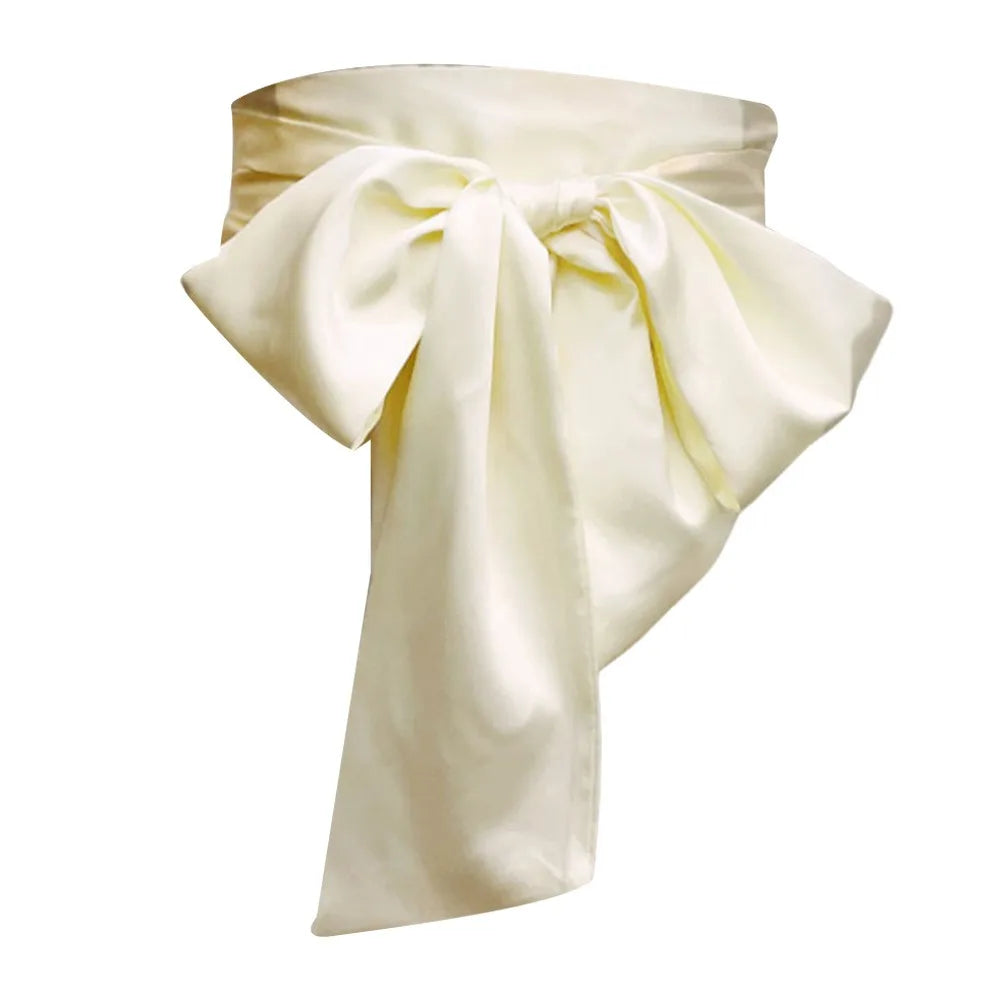 Women's Satin Bow Waist Belt – Wide Cummerbund Ribbon Strap Satin Waist Belt Axl Beige