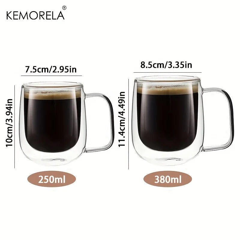 KEMORELA Double Wall Clear Glass Coffee Cup with Handle | 1-2 Pack Glass Coffee Mug Axl
