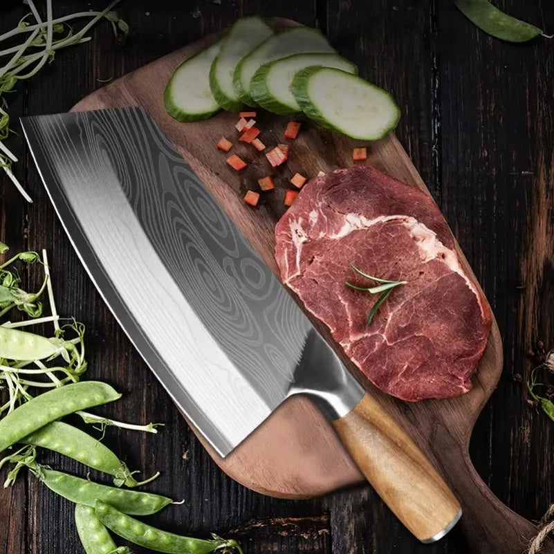 InLeung Stainless Steel Meat Cleaver – Wood Handle Butcher Knife Meat Cleaver Knife Axl