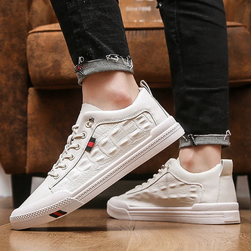 Men's White Vulcanized Casual Flat Sneakers | Lace-Up Board Shoes Men's Casual Sneakers Axl