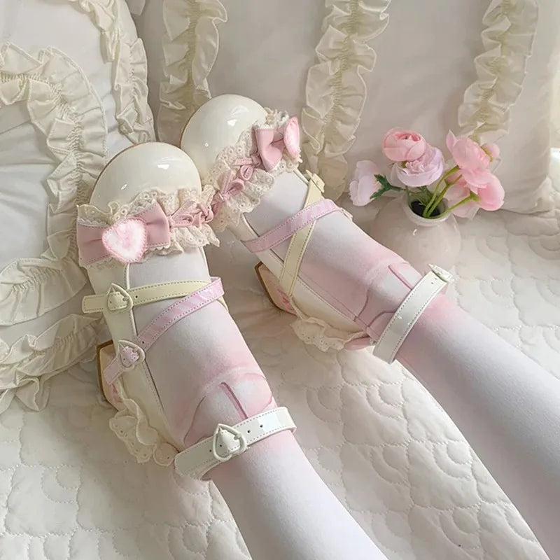 Women's Lolita Mary Jane Heels – Lace Strawberry Bowknot Pumps Mary Jane Pumps Axl