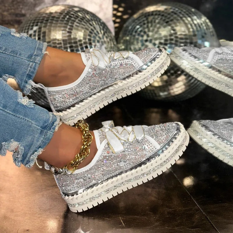 Women's Rhinestone Flat Sneakers – Luxury Casual Trainers Flat Sneakers Axl