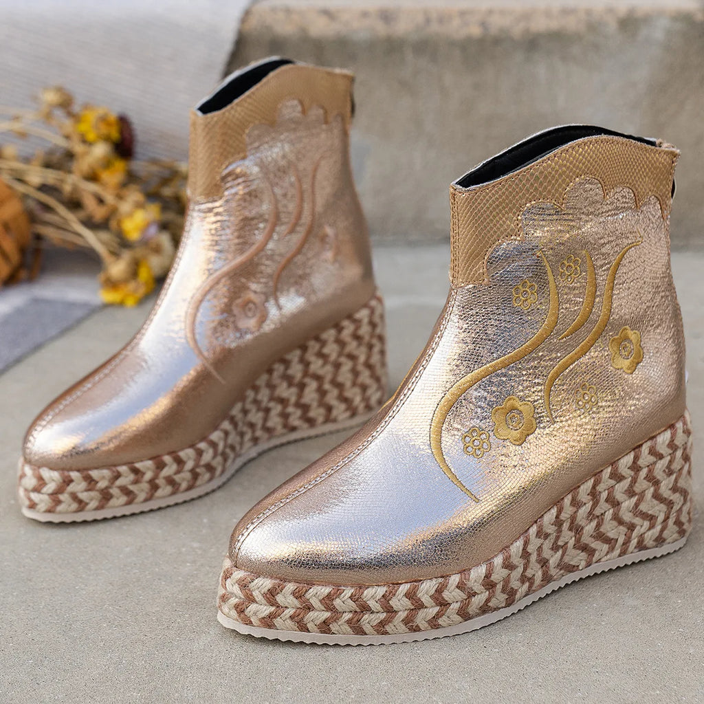 Women's Embroidery Wedge Ankle Boots | Retro Ethnic Platform Wedge Ankle Boots Axl gold 38