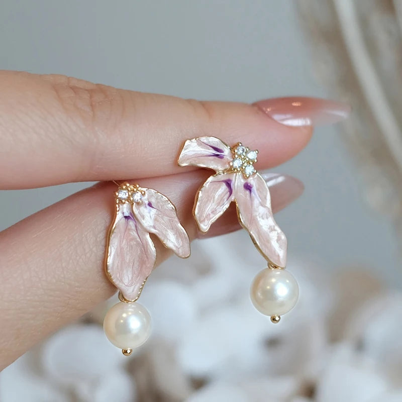 Huitan Pink Enamel Flower & Pearl Drop Earrings | Women Drop Earrings Axl E6235