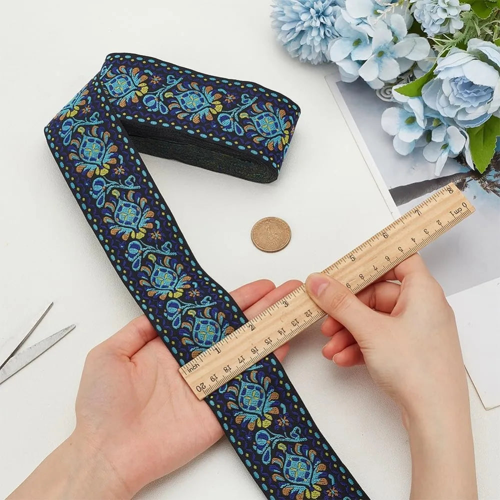 Ethnic Jacquard Flower Ribbon Sky Blue 2 inch – 10 Yards Sewing Sewing Ribbon Trim Axl