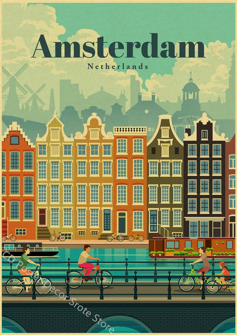 World Cities Retro Travel Poster – Rome Paris Sydney Dubai Art