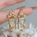 Huitan Pink Enamel Rose Dangle Earrings – Floral Drop Earrings Dangle Drop Earrings Axl E6198