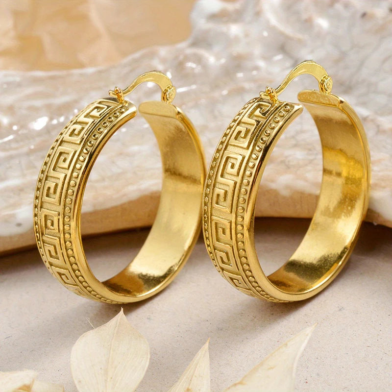 Huitan Greek Key Hoop Earrings – Vintage Geometric Women's Jewelry Hoop Earrings Axl E5850