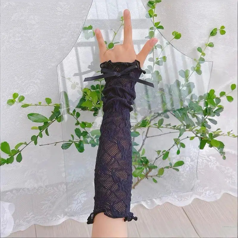 Lace Ruffle Fingerless Gloves – Y2K Lolita Bow Arm Sleeves Lace Arm Sleeves Axl