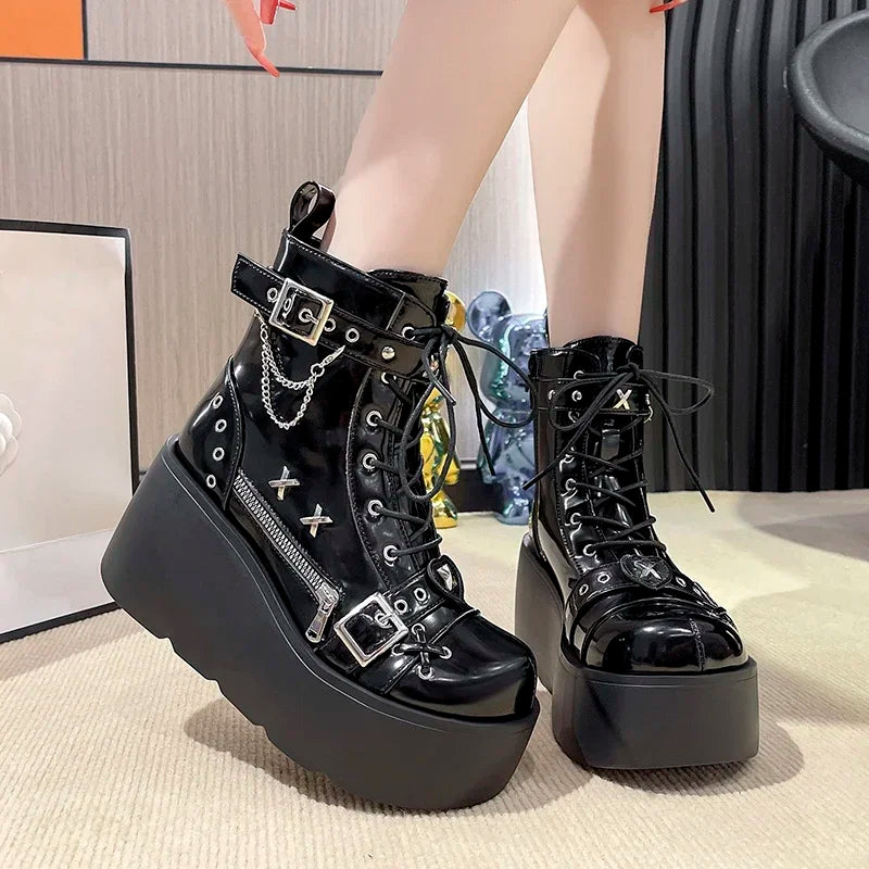 Gothic Platform Wedge Mid-Calf Boots – Women's Lace-Up Platform Wedge Boots Axl