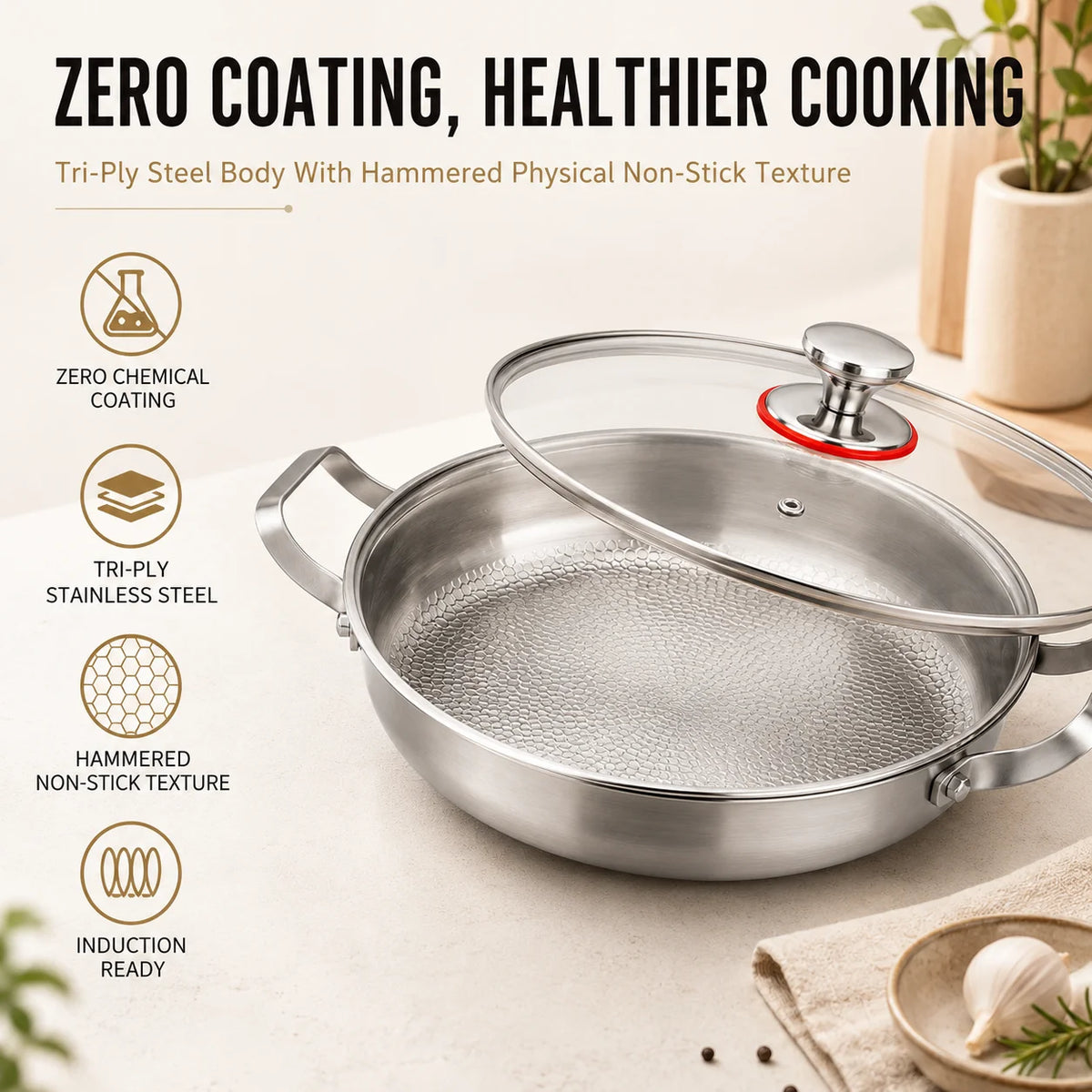 Tri-Ply Hammered Stainless Steel Skillet with Glass Lid Stainless Steel Skillet Axl