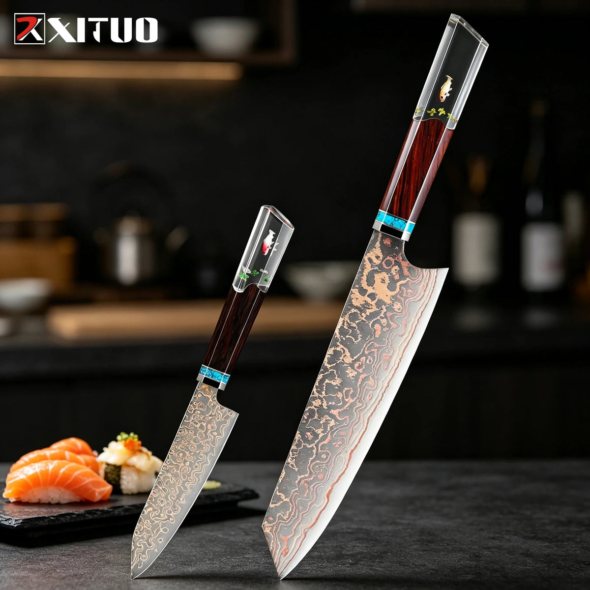 XITUO Damascus Steel Chef Knife Set – Octagonal Wood Handle Kitchen Knife Set Axl 2PCS Knife A