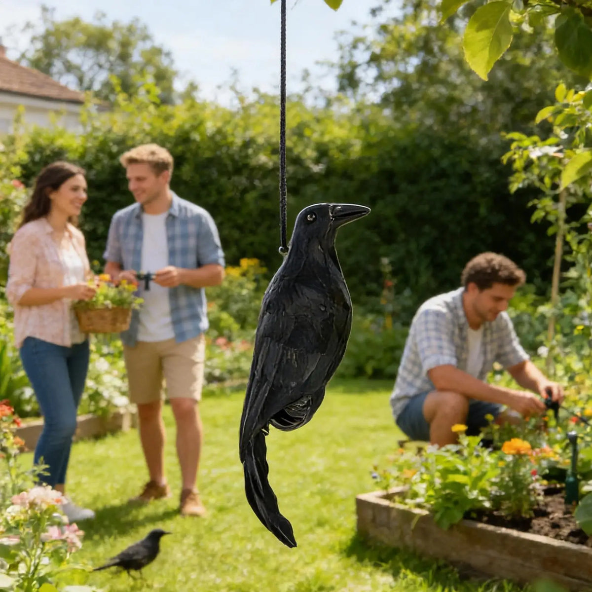 Hanging Crow Decoy with Feathers | Halloween Garden Bird Prop Halloween Garden Prop Axl