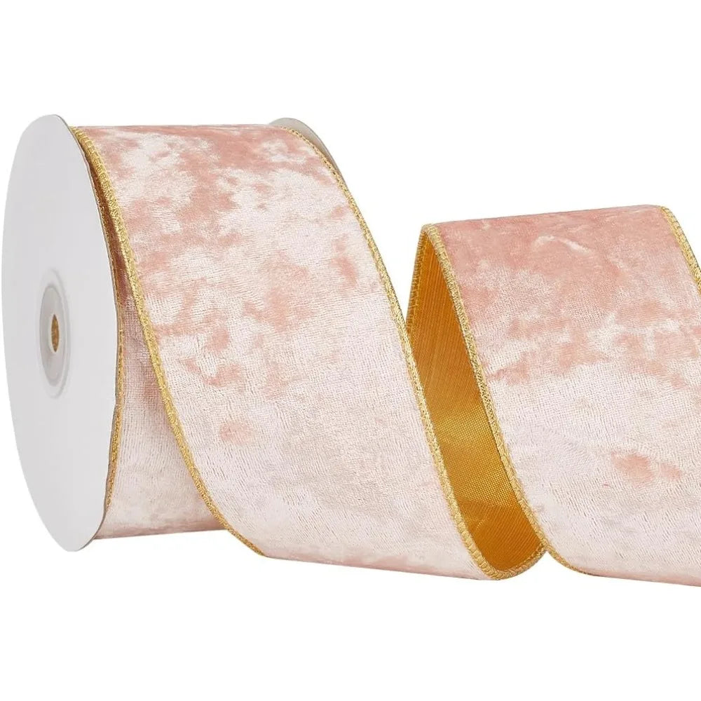 10 Yards Pink Velvet Wired Ribbon Gold Edge 2.5 Inch Bows Craft Ribbon Axl AECH04-18354