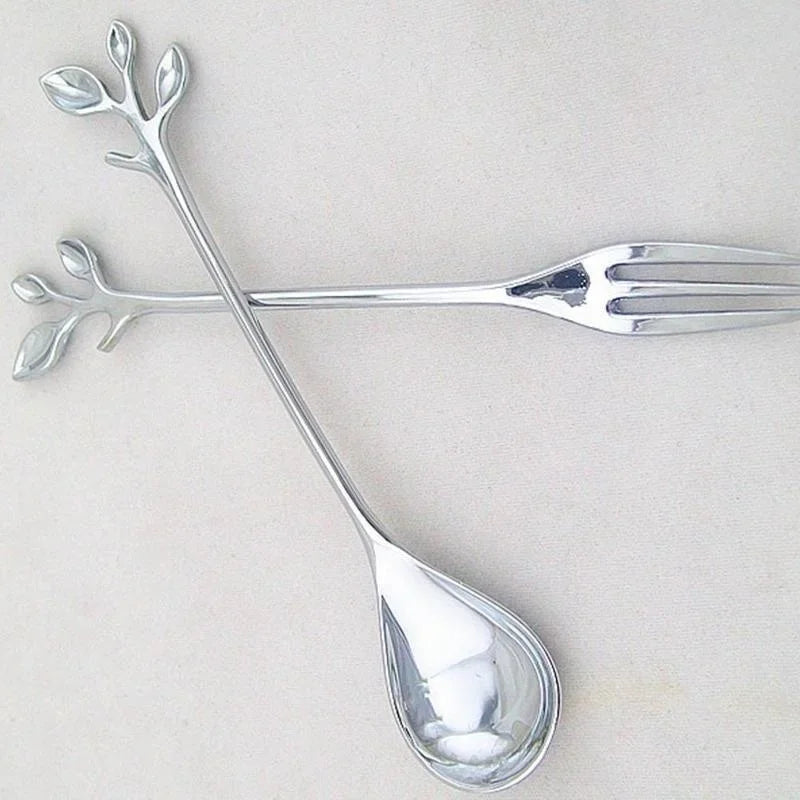 Leaf-Shaped Zinc Alloy Dessert Fork & Spoon | 12cm Cutlery Decorative Dessert Cutlery Axl