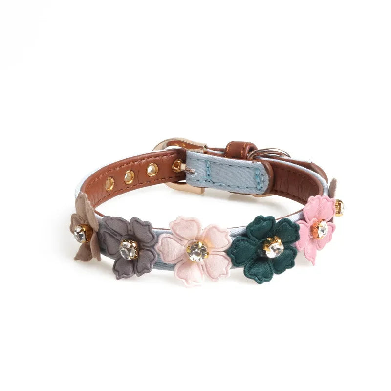 Rhinestone Flower Dog Cat Collar – Adjustable PU Leather Chain Pet Collar Axl 1.3X42CM Blue