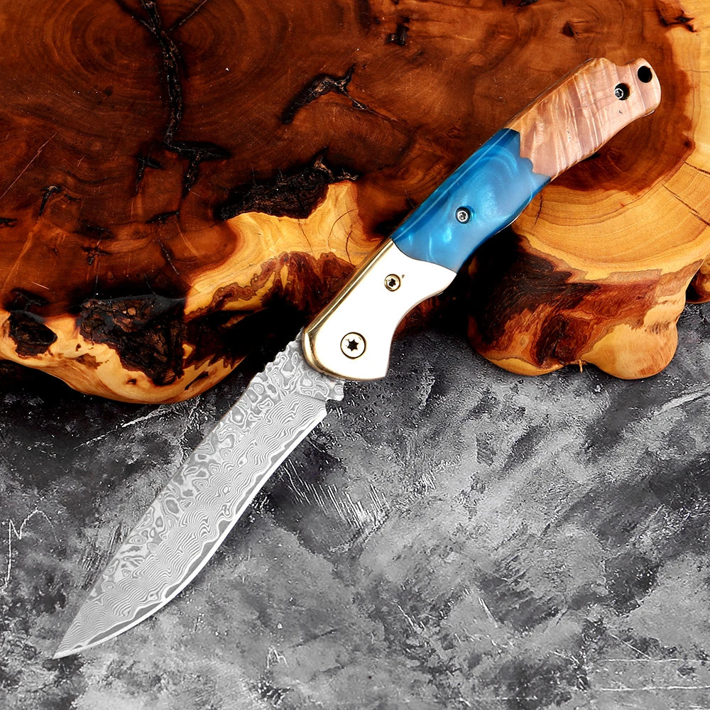 Damascus Steel Folding Knife – Rosewood & Resin Handle | EDC Folding Pocket Knife Axl