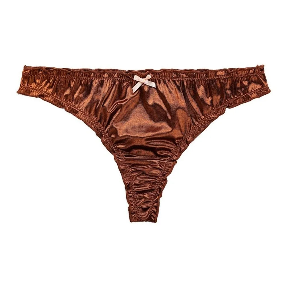 Satin Ruffle Women's Low-Rise G-String Briefs | Seamless Nylon Women's Lingerie Briefs Axl Coffee L 1pc