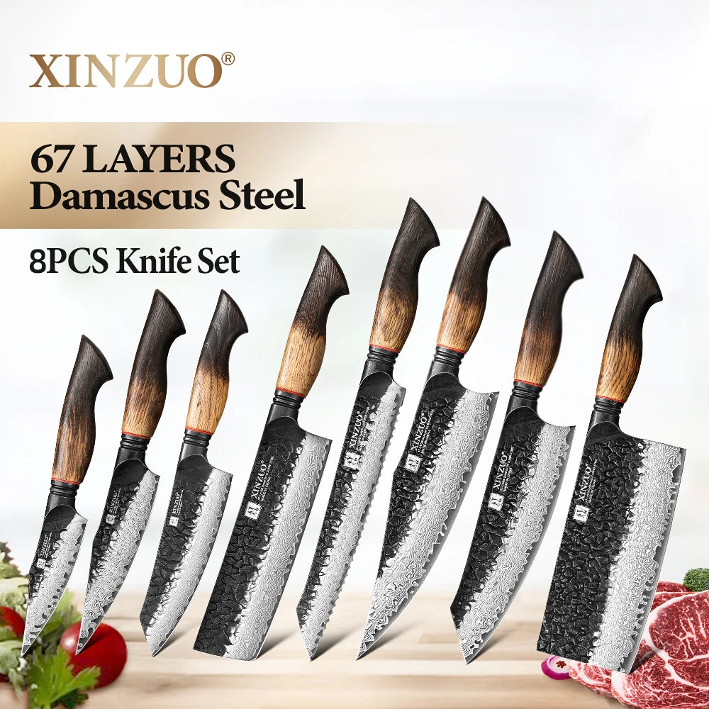 XINZUO 8-Piece Damascus Steel Kitchen Knife Set | 67 Layers Kitchen Knife Set Axl
