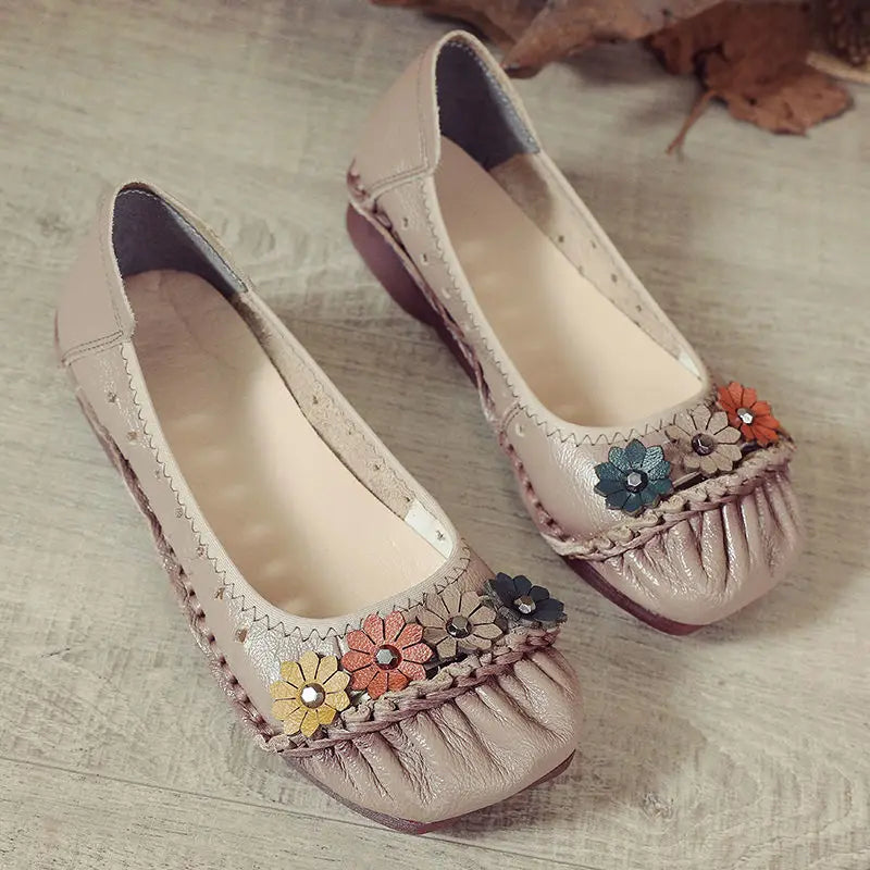 Women's Genuine Leather Floral Loafers | Wide Fit Flat Moccasins Leather Flat Loafers Axl