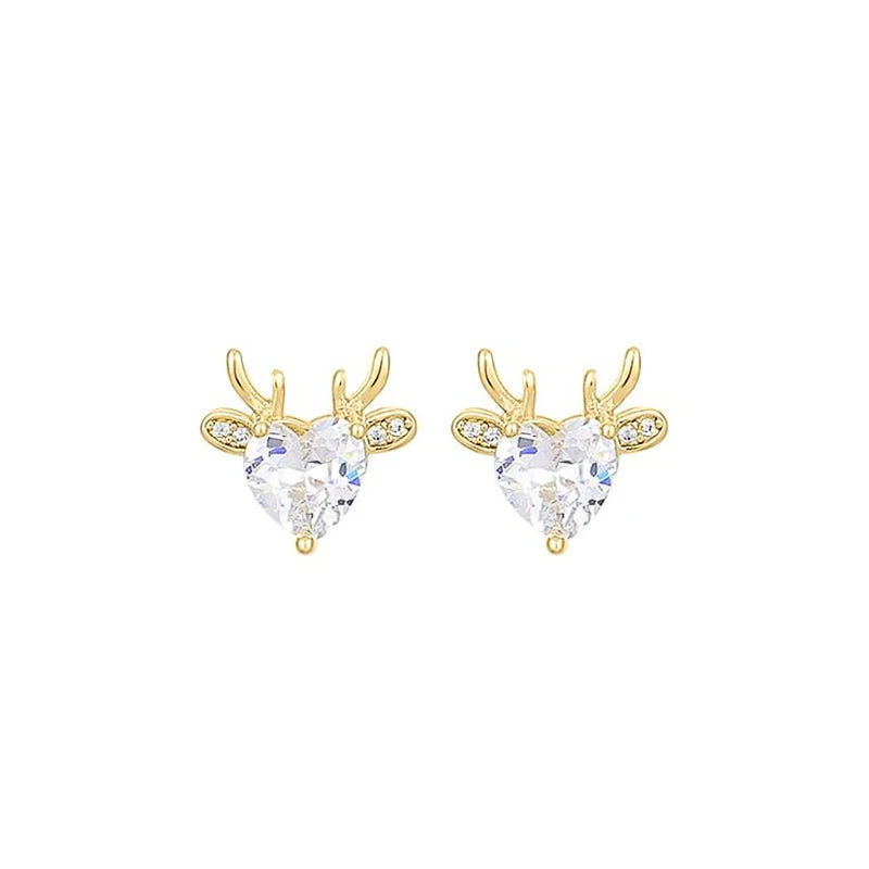 Huitan Elk Stud Earrings – Gold Heart Cubic Zirconia Christmas Stud Earrings Axl