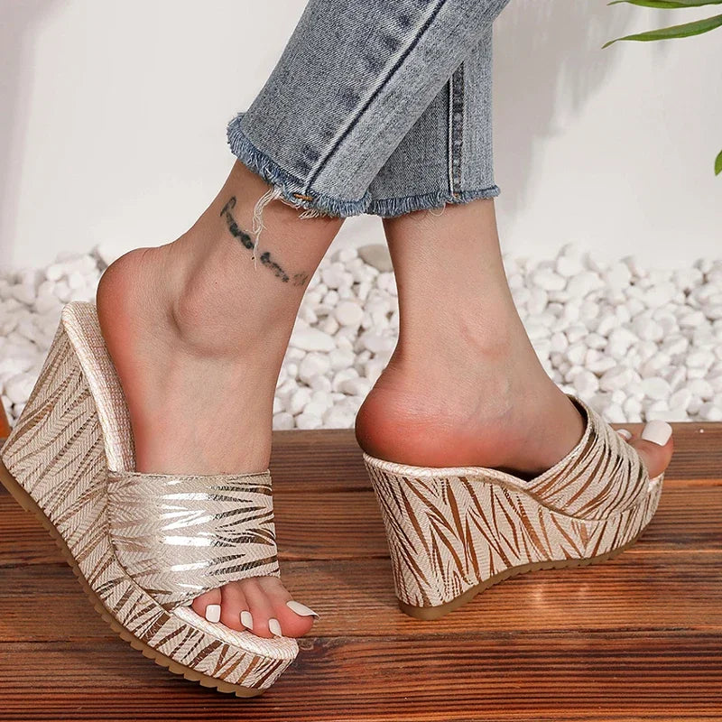 Women's Stripe Wedge Platform Slides | Chunky High Heel Slippers Wedge Platform Slides Axl gold 42