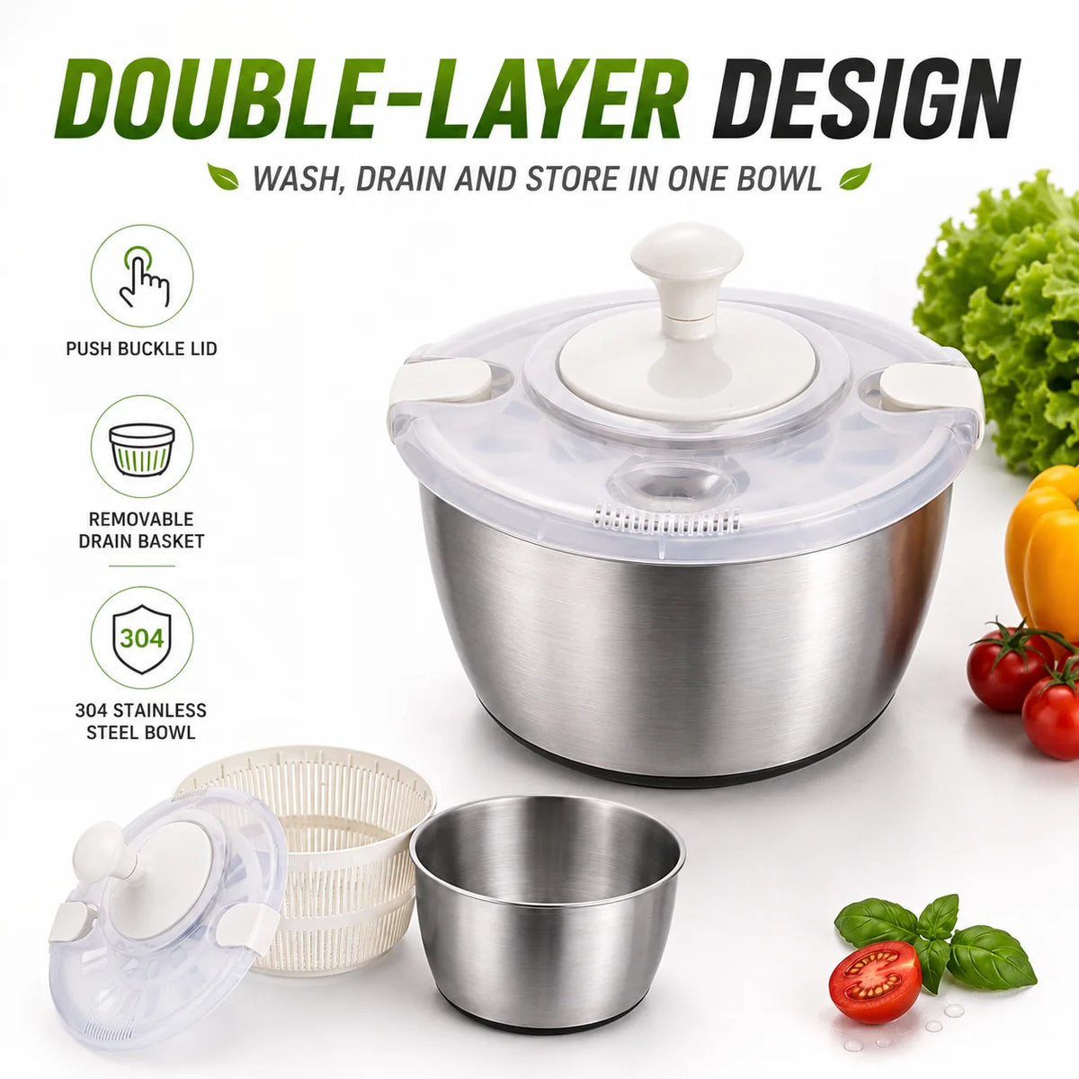 Large 5L Salad Spinner – Hand Crank Lettuce & Veggie Dryer Salad Spinner Axl