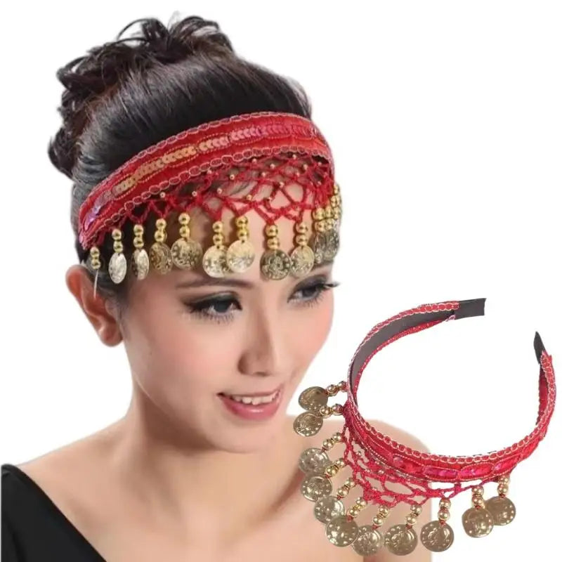 Ethnic Belly Dance Headband – Red Sequin Coin Fringe Headpiece Dance Headband Axl