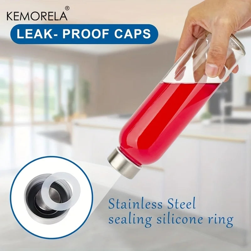 KEMORELA 530ml Clear Glass Bottles with Stainless Steel Lids 3/4/6pk Glass Water Bottles Axl