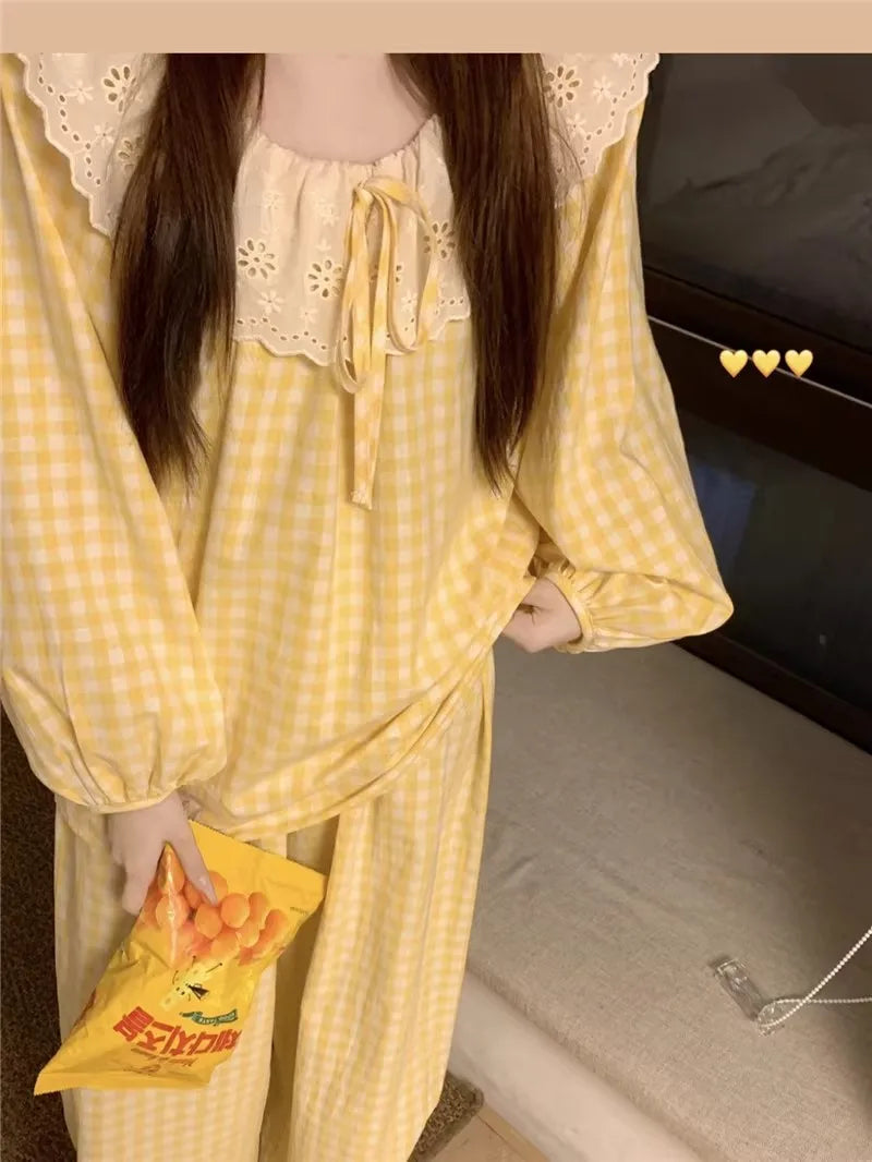 Women's Yellow Plaid Pajama Set – Long Sleeve Sleepwear Women's Pajama Set Axl CJ2025 yellow L