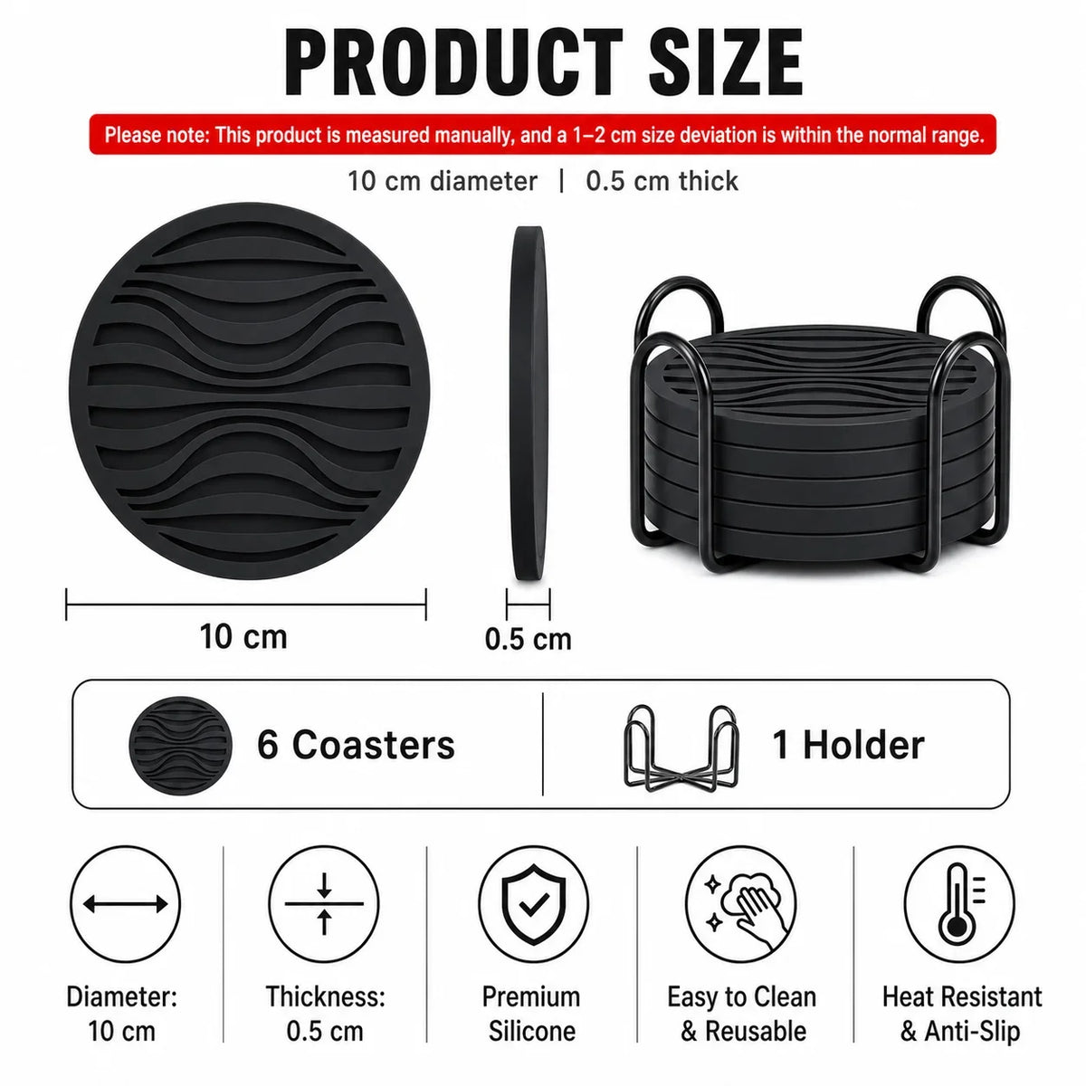 6-Pack Silicone Drink Coasters with Holder | Non-Slip, Heat Resistant Silicone Coaster Set Axl