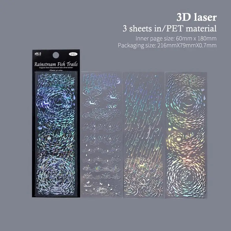 Laser Silver PET Stickers – 3-Sheet Aesthetic DIY Scrapbook Pack Decorative Sticker Sheets Axl A1