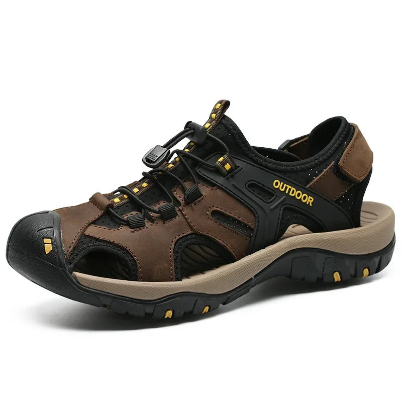 YBQJOO Men's Genuine Leather Outdoor Sandals | Non-Slip Men's Leather Sandals Axl Dark brown 48