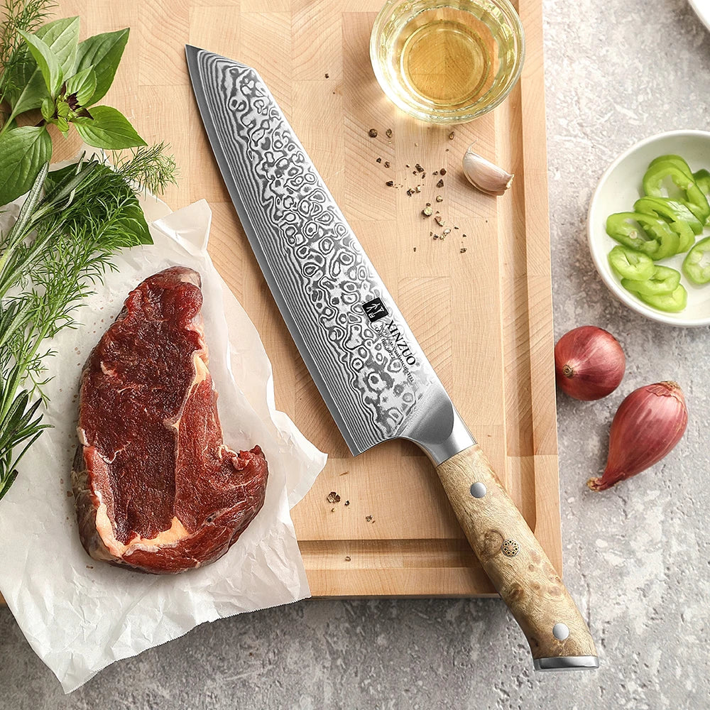 XINZUO 8.27" Damascus Bunka Chef Knife – 67-Layer, Sycamore Handle Damascus Chef Knife Axl