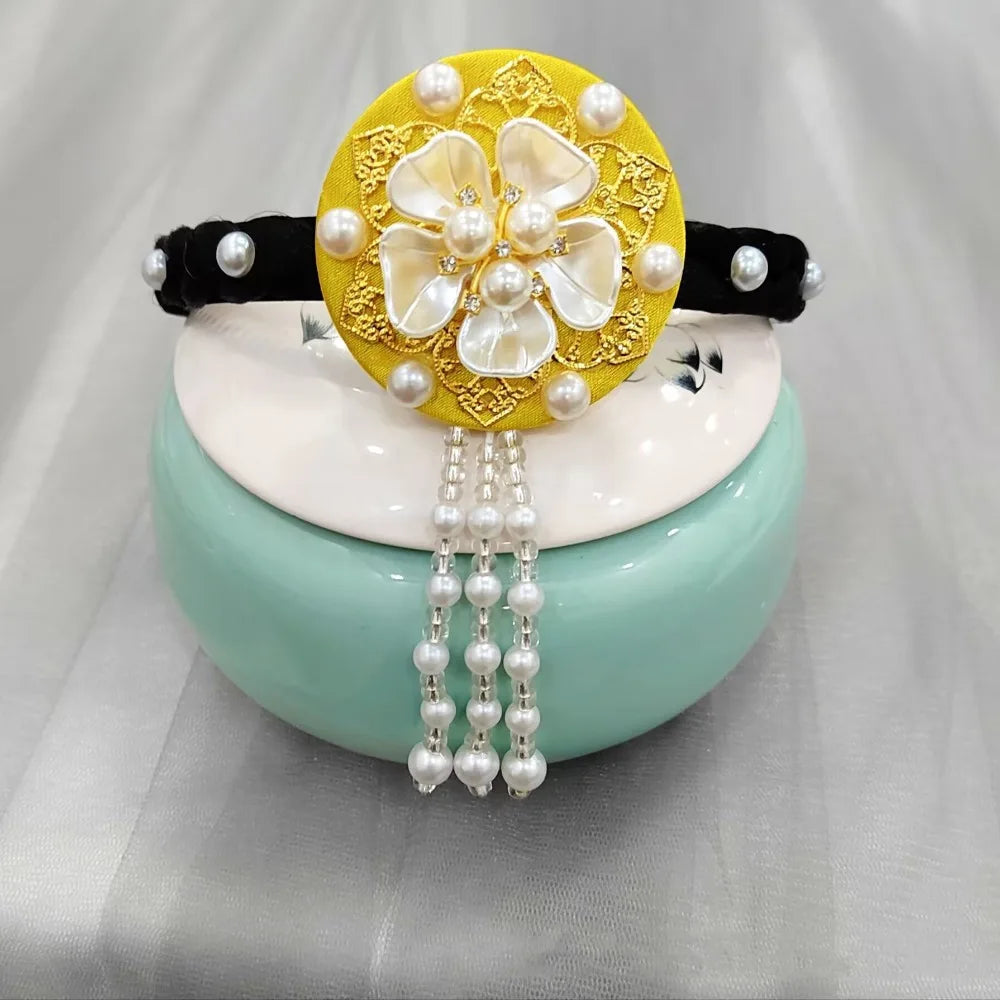 Korean Hanbok Headband – Pearl Flower Tassel Hair Hoop Hair Headband Axl yellow