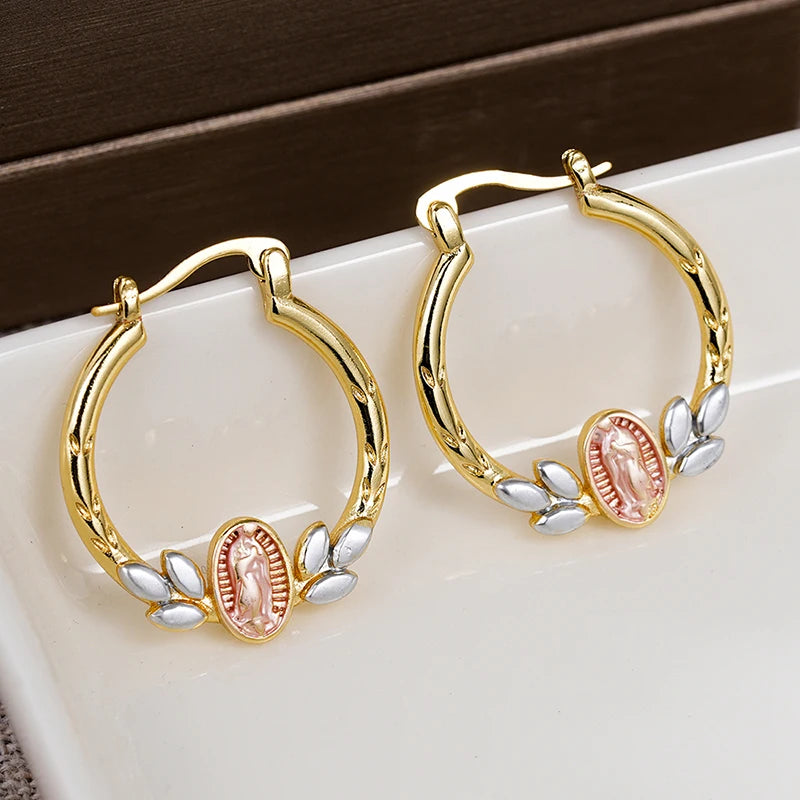 Huitan Virgin Mary Hoop Earrings – Gold Leaf Enamel Circle Hoop Earrings Axl