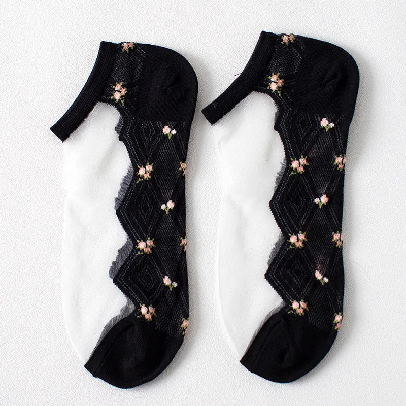 Women's Lace Floral Ankle Socks – 5 Pairs Breathable Cotton Women's Ankle Socks Axl black One Size