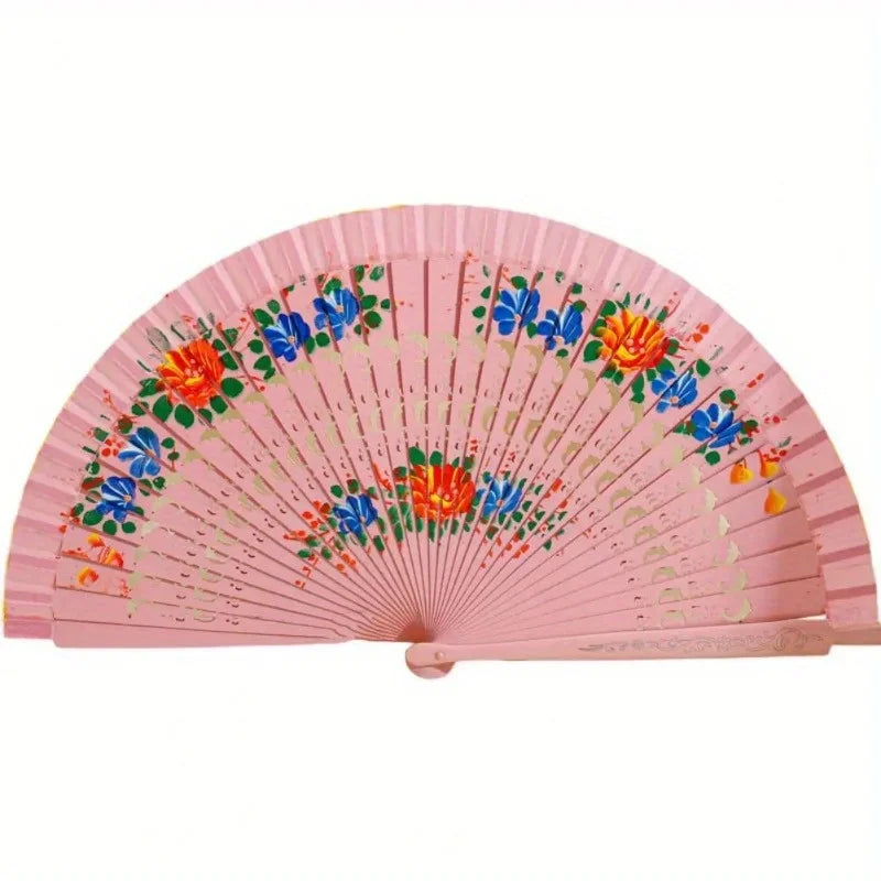 Wooden Spanish Folding Fan – Double-Sided Floral Dance & Decor Decorative Folding Fan Axl pink