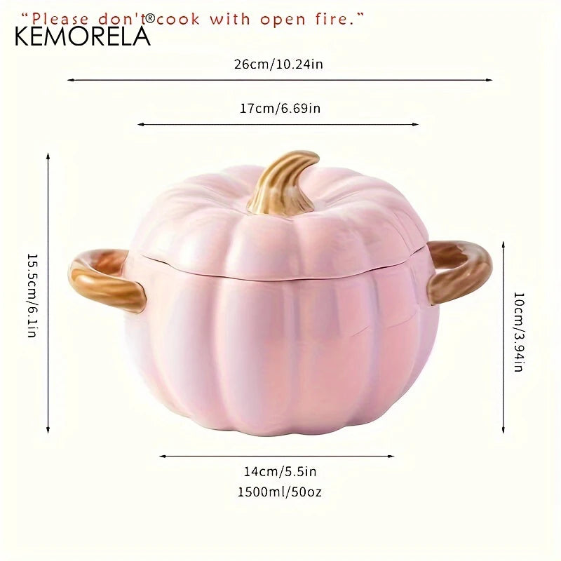 KEMORELA 50oz Ceramic Pumpkin Dutch Oven Pot with Lid Ceramic Dutch Oven Axl Pink