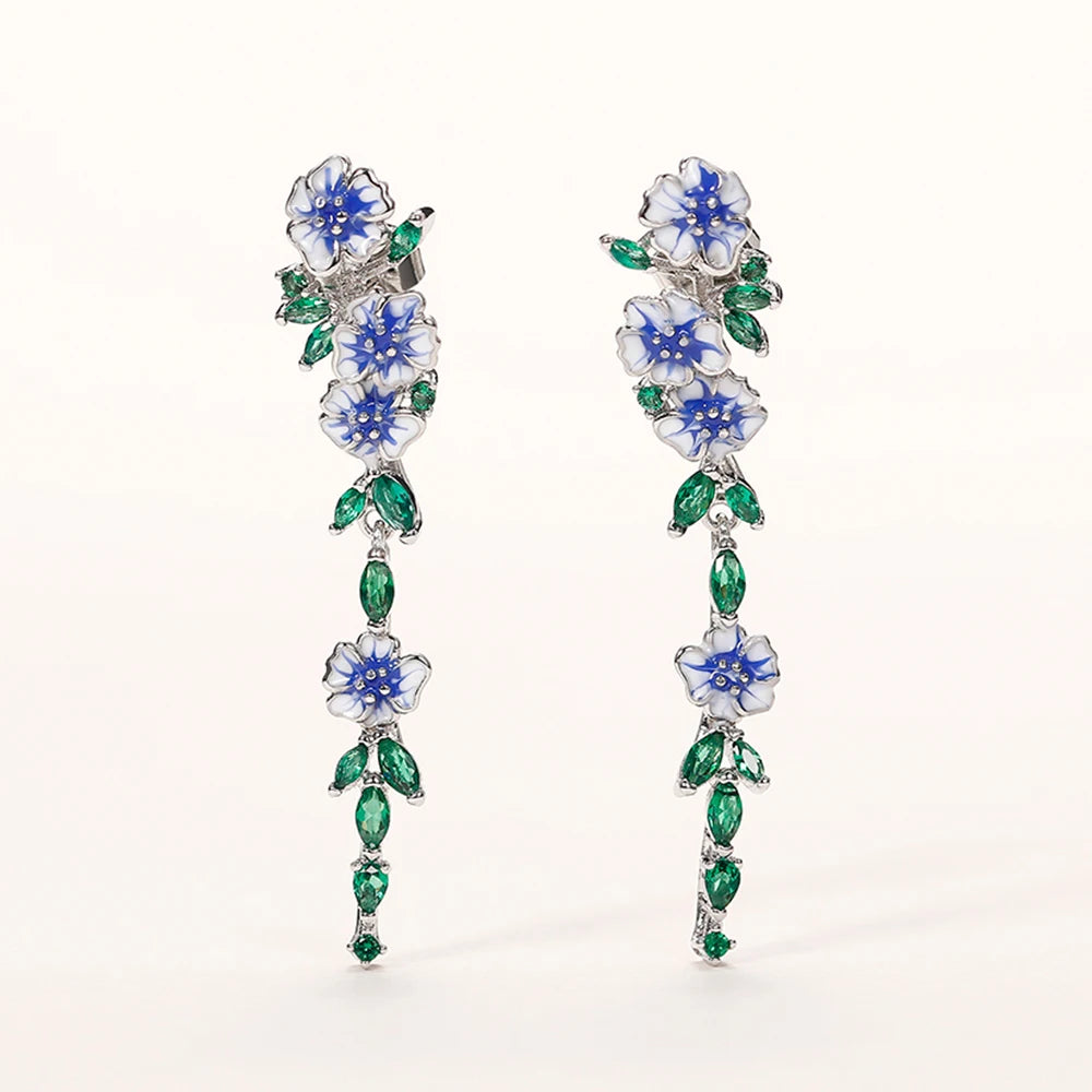 Huitan Vintage Enamel Blue Flower Dangle Earrings Women Dangle Drop Earrings Axl