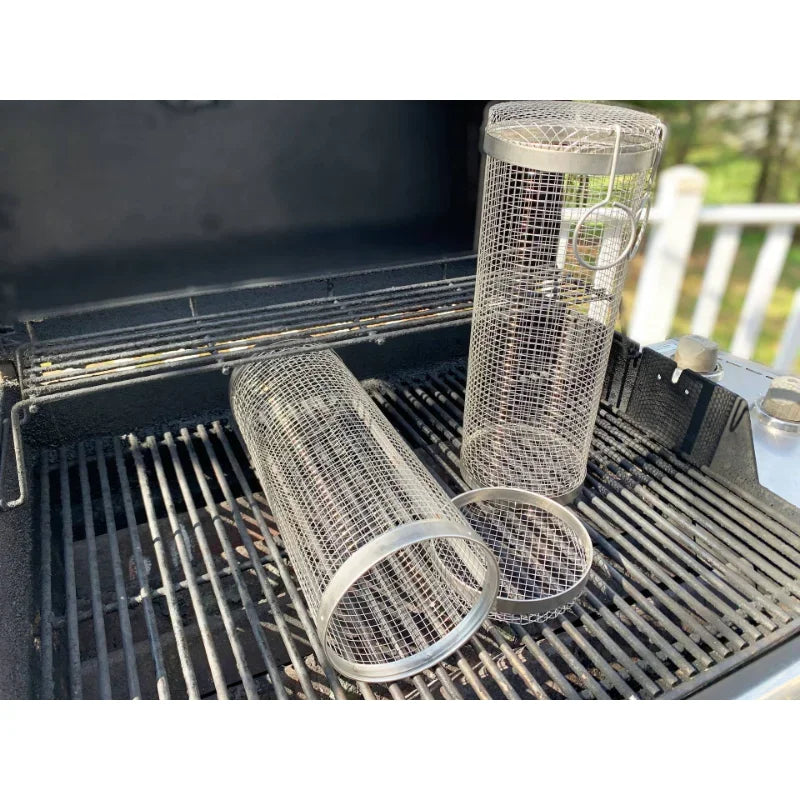3-Piece Rolling BBQ Grill Basket Set – Stainless Steel Mesh Rack BBQ Grill Basket Axl