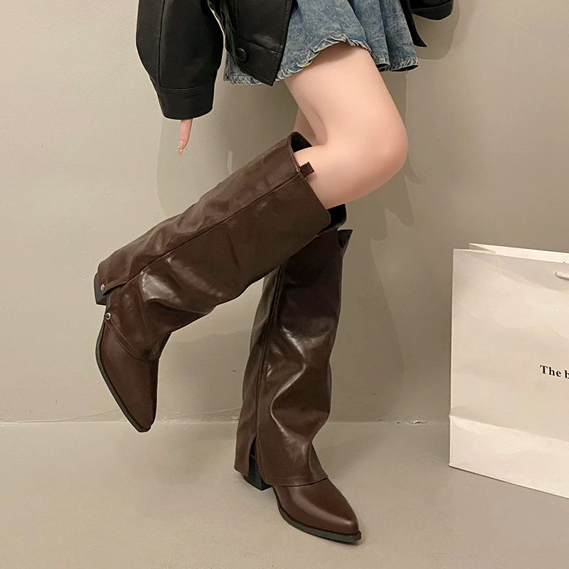 Women's Pointed-Toe Chunky Heel Knight Boots | Rivet Style Knee-High Boots Axl