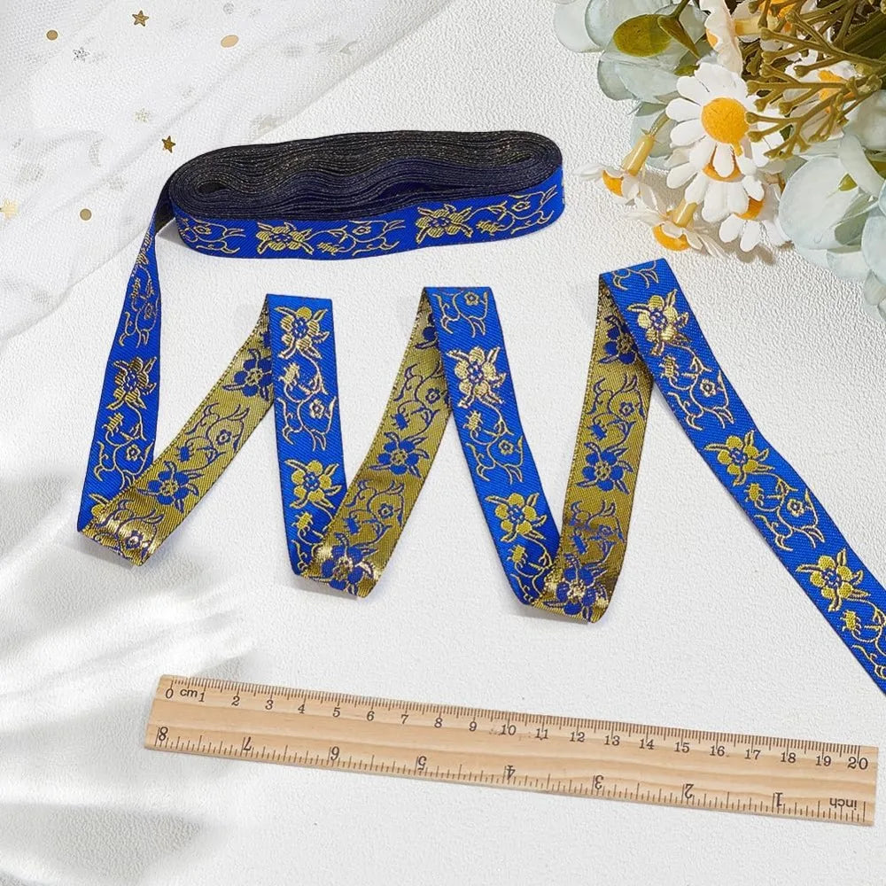 Blue Ethnic Jacquard Ribbon 20mm – Boho Floral Trim 7.7 Yds Jacquard Ribbon Trim Axl