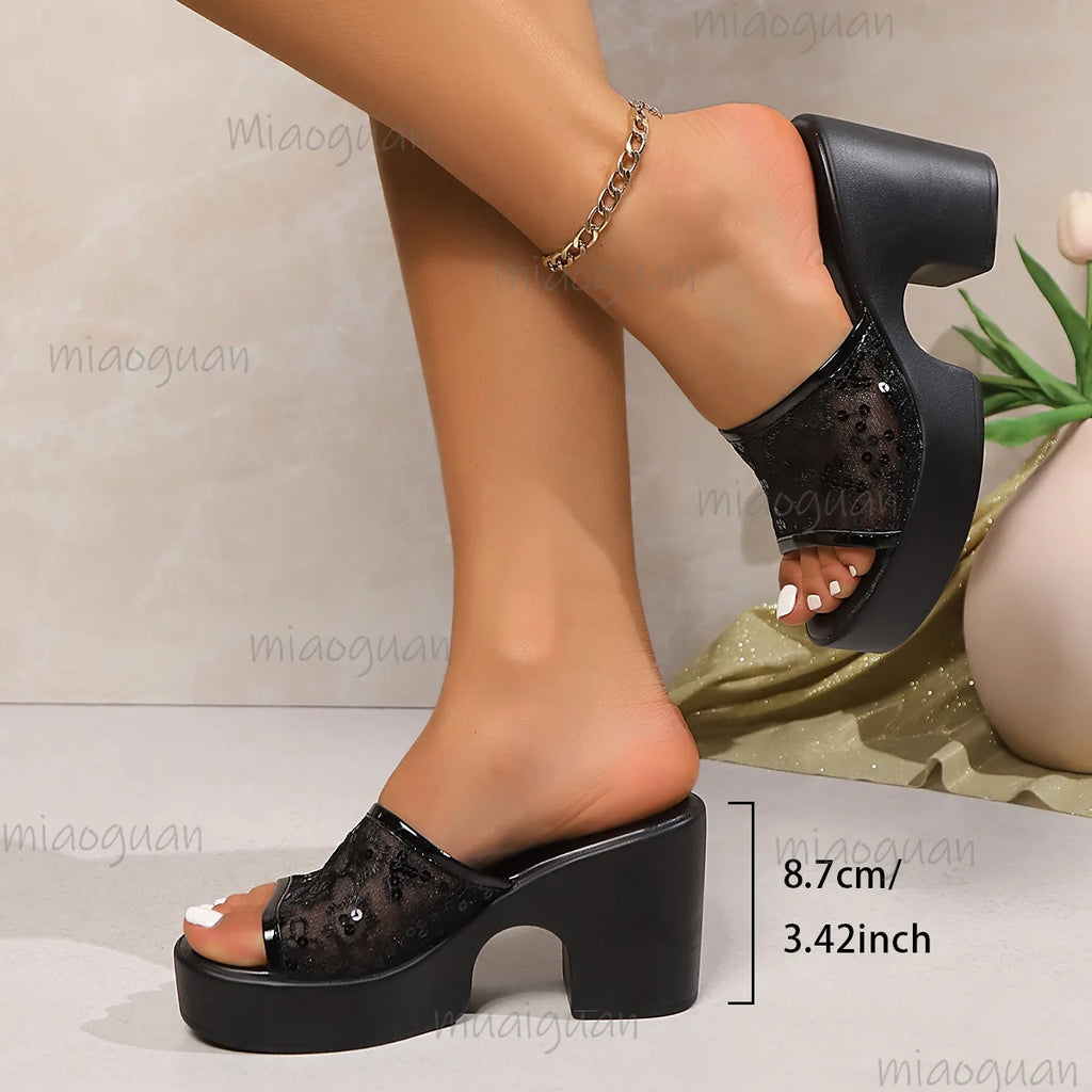 Women's Chunky Heel Sequin Mesh Slides | Platform Slippers Platform Heel Slides Axl