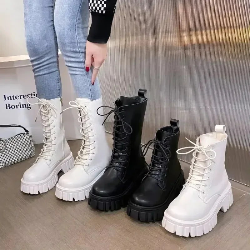 Women's Mid-Calf Winter Boots – British Lace-Up Thick Sole Mid-Calf Winter Boots Axl