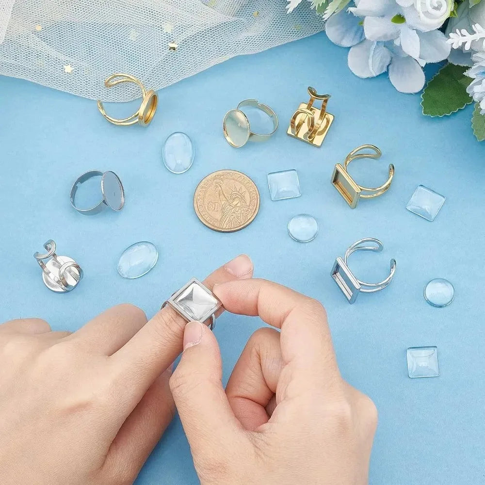 24Pcs Adjustable Ring Blanks & Bezel Tray DIY Jewelry Kit DIY Ring Making Kit Axl