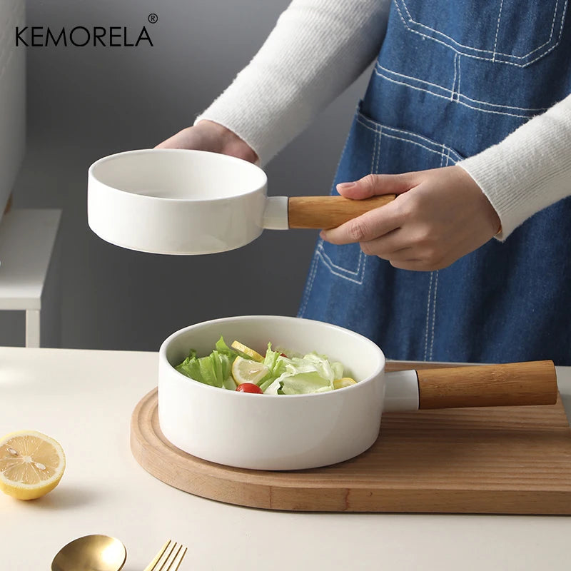 KEMORELA Ceramic Salad Bowl with Wooden Handle | Dinner Bowl Ceramic Dinnerware Bowl Axl