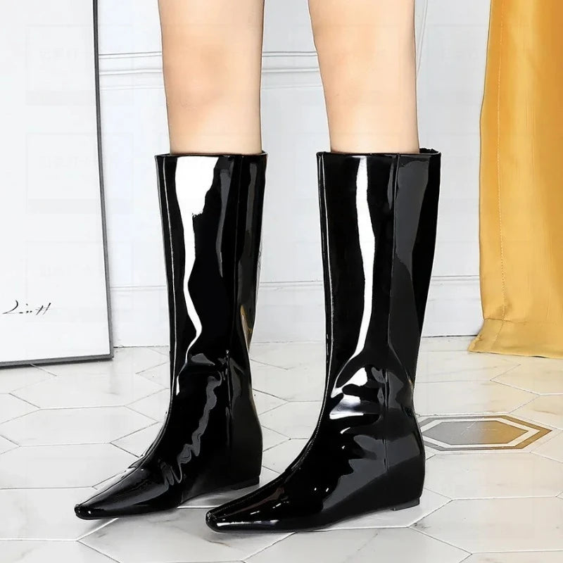 Women's Black Wedge Knee-High Boots – Pointed Toe Patent Leather Wedge Knee-High Boots Axl