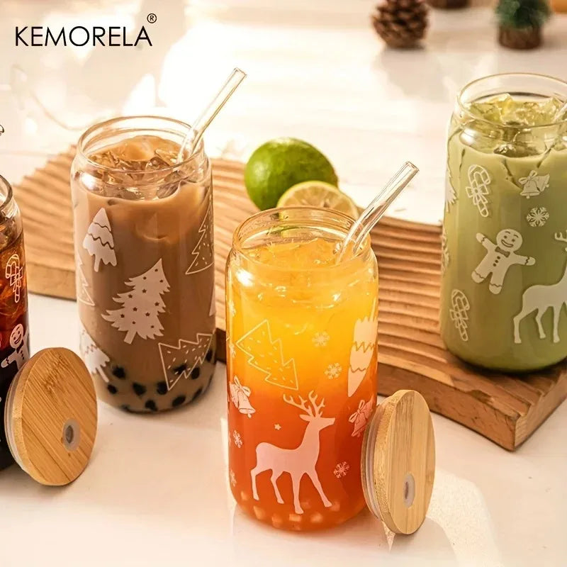 Christmas Glass Tumbler 480ml – Xmas Tree & Elk Cup, Lid & Straw Glass Tumbler Set Axl