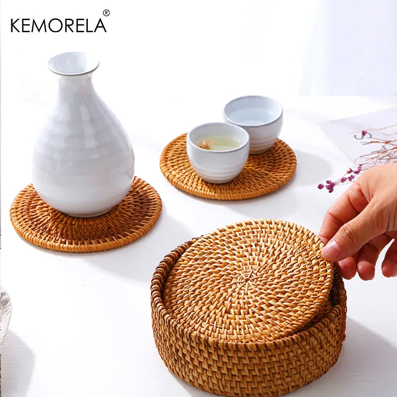 KEMORELA Round Rattan Coaster – Handmade Natural Cup Mat & Placemat Rattan Coaster Axl